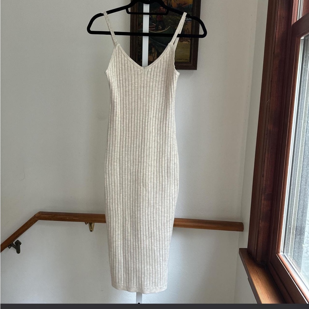 7 For All Mankind Cream Ribbed Knit Bodycon Midi Dress Small .
